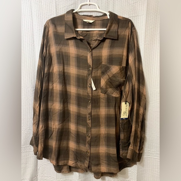Terra & Sky Tops - NWT! Casual Brown Plaid Women’s Shirt 3X